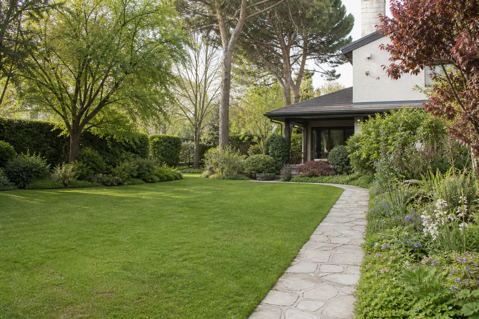 Jardín amplio de un chalet con césped, arbolado y plantación ornamental