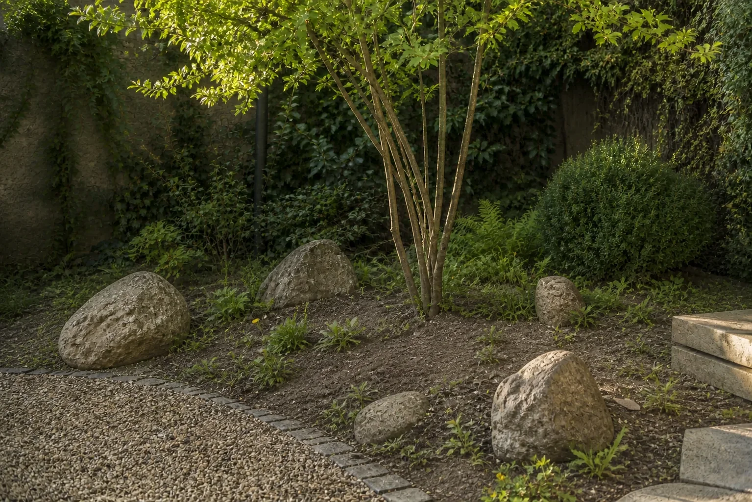 Jardín de grava y piedra antes de su preparación