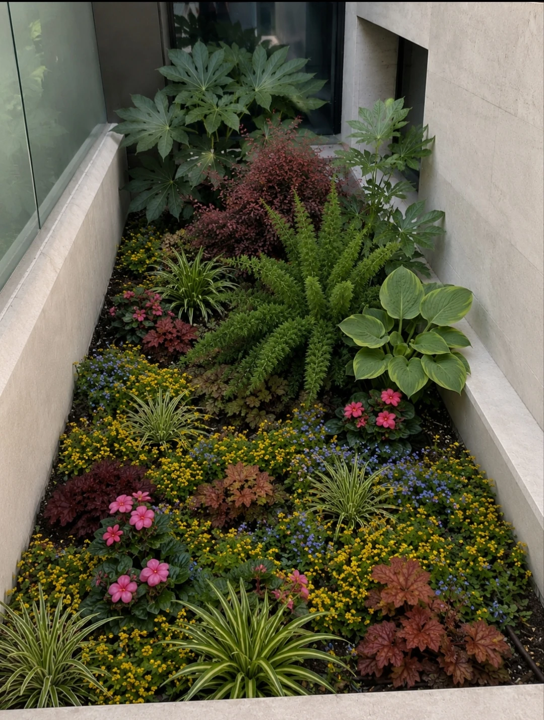 La misma jardinera con begonias rosas, cintas y heucheras